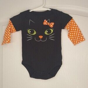 Halloween Black Cat Polka Dot Glitter Onesie Bow Orange